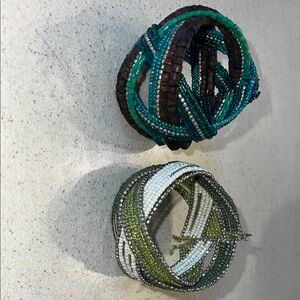 Green and Brown Woven Bracelet set with Intricate Design